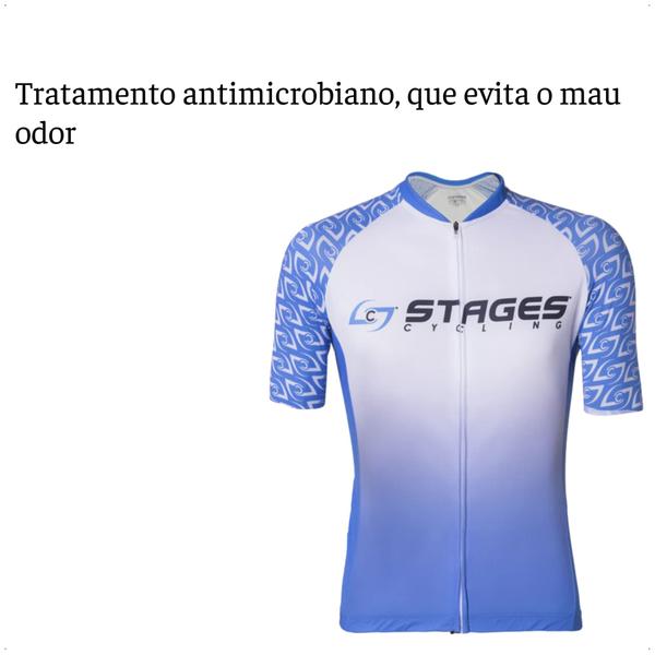 Imagem de Camisa Ciclismo Masculina M Zíper Bolso Traseiro Azul e Branco Corrida Treino Academia Musculação UV50+ Atrio VB042