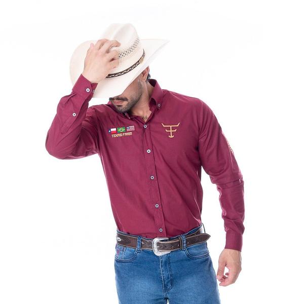 Imagem de Camisa Competição Masculina Manga Longa Texas Farm - Cp007 - Vermelho Vinho/ Caramelo