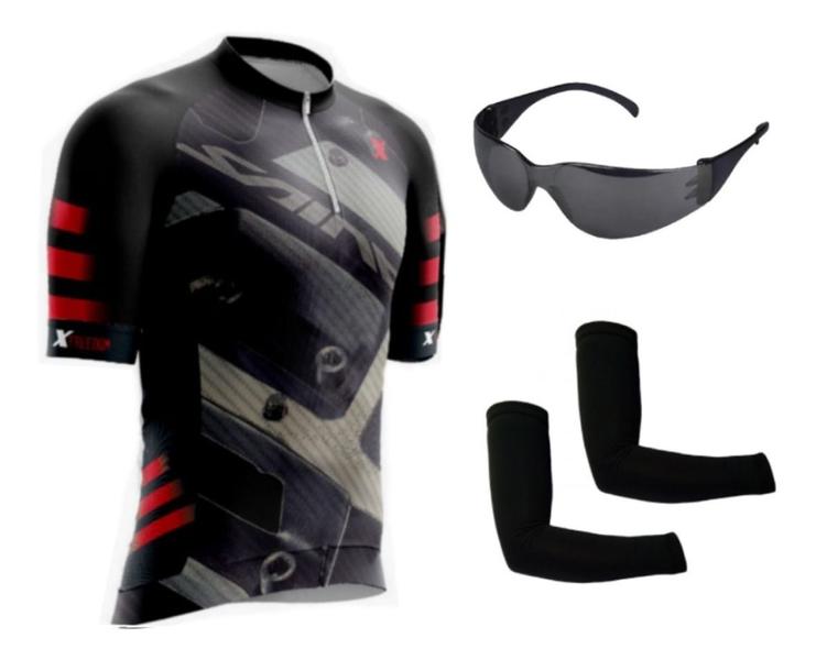 Imagem de Camisa de Ciclismo Bike Esporte C/ Proteção UV + Óculos Esportivo Preto Antirrisco + Par de Manguitos