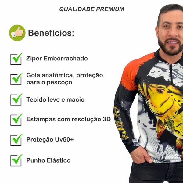 Imagem de Camisa de Pesca Camiseta Masculina Personalizadas Com Tucunaré Proteção Uv Azul