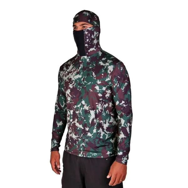 Imagem de Camisa de Pesca Proteção UV50+ com Touca Ninja Camuflado Militar