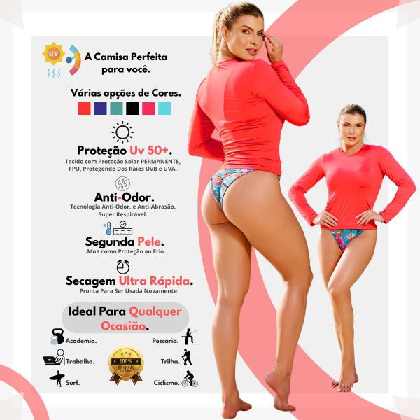 Imagem de Camisa Feminina Térmica Proteção Solar Adulta Blusa Manga Longa Comprida Segunda Pele Frio Calor Gola Redonda Natação Malha Fria Compressão Uv 50+ 