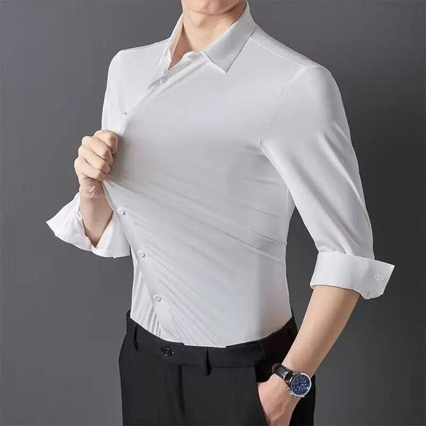 Imagem de Camisa Masculina Sem Costura Anti-rugas Alta Elástica Elastano Camisa De Manga Comprida Seda