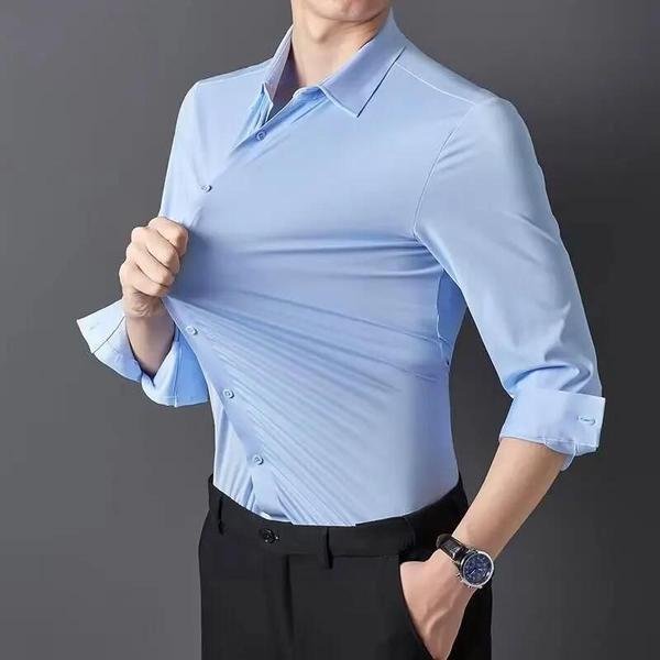 Imagem de Camisa Masculina Sem Costura Anti-rugas Alta Elástica Elastano Camisa De Manga Comprida Seda