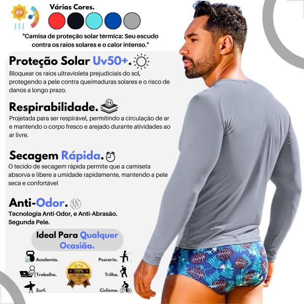 Imagem de camisa masculina térmica manga longa proteção solar uv malha fria camiseta slim moda praia fitness lisa