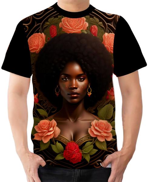 Imagem de Camiseta Camisa Ads  Mulher Negra Cabelo Afro Flores 2