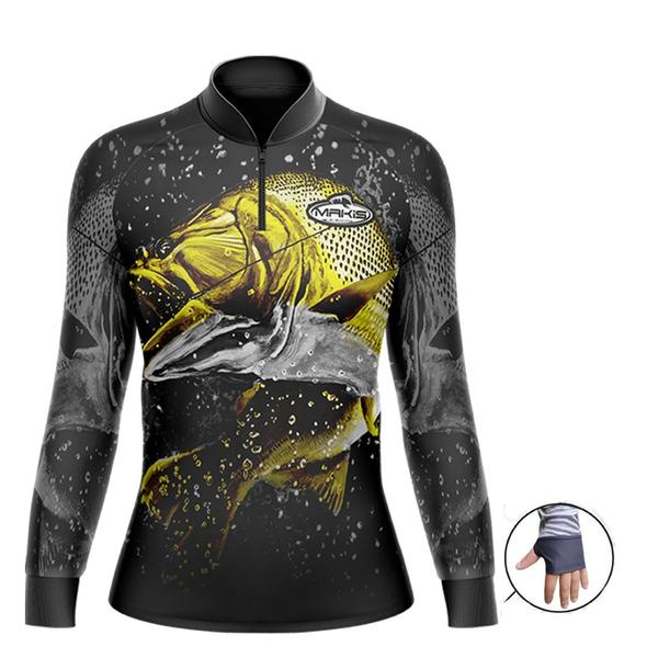 Imagem de Camiseta de Pesca Feminina Gola Ziper Peixe Dourado - Makis