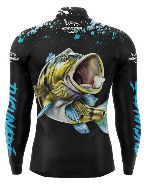 Imagem de Camiseta de Pesca Infantil Protege do Sol UV30+ Peixe Tucunare Com Gola e Ziper