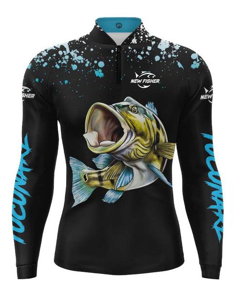 Imagem de Camiseta de Pesca Infantil Protege do Sol UV30+ Peixe Tucunare Com Gola e Ziper