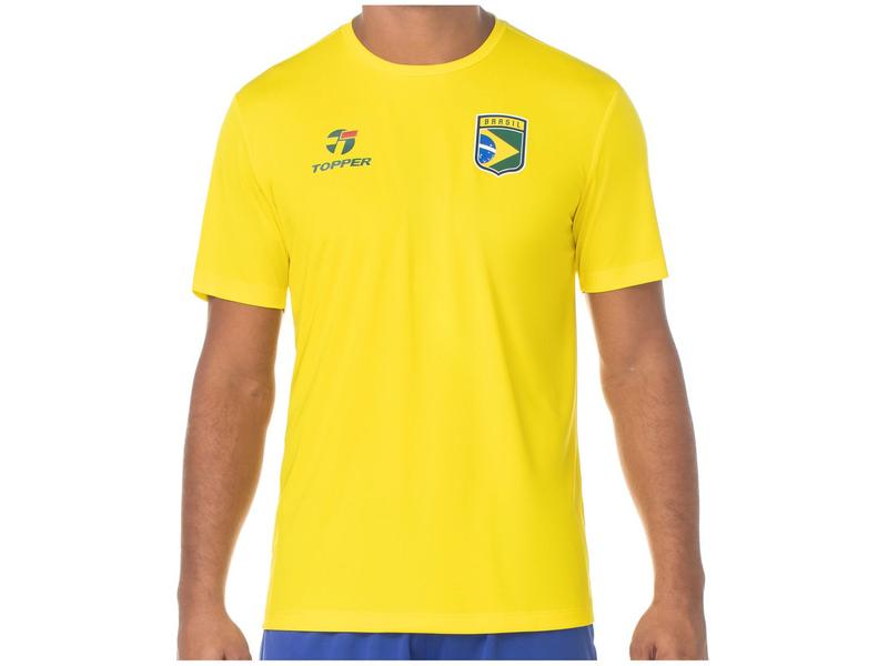 Camiseta Gola Alta de Futebol Topper Brasil Combate Masculina Manga Curta Amarela - Brasil...