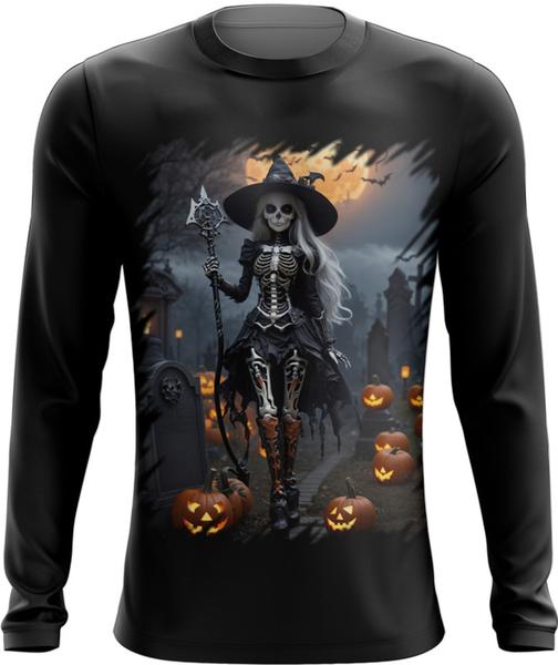 Imagem de Camiseta Manga Longa Bruxa Caveira Halloween 8