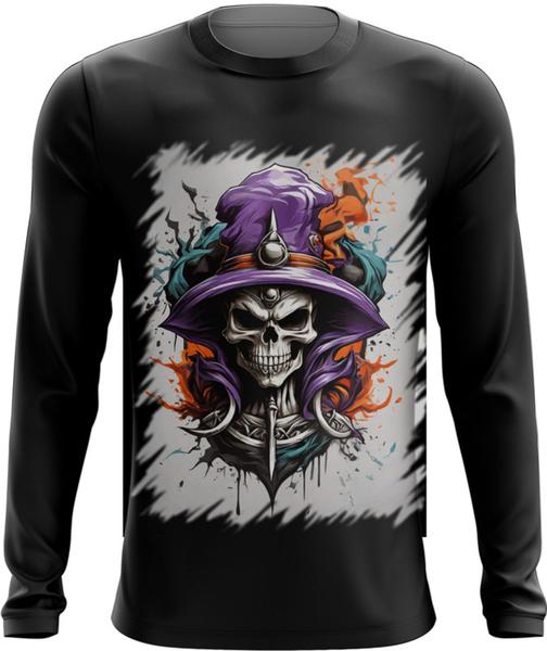 Camiseta Manga Longa Mago Caveira Trevas Magia 10 - Kasubeck Store Imagem de Camiseta Manga Longa Mago Caveira Trevas Magia 10