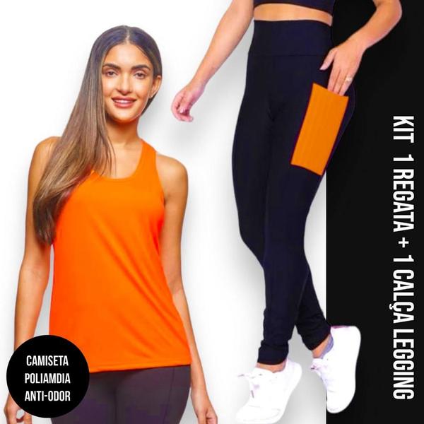 Imagem de Camiseta REGATA DRY FIT MALHA FRIA POLIAMIDA + Calça LEG LEGGING BOLSOS Conjunto Fitness 540