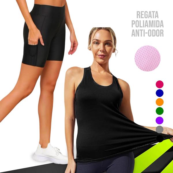 Imagem de Camiseta REGATA Dry Fit MALHA FRIA POLIAMIDA + SHORT Leg Legging COM BOLSOS Conjunto Fitness 552