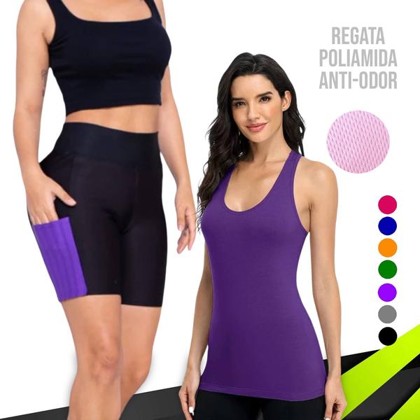 Imagem de Camiseta REGATA Dry Fit MALHA FRIA POLIAMIDA + SHORT Leg Legging COM BOLSOS Conjunto Fitness 552