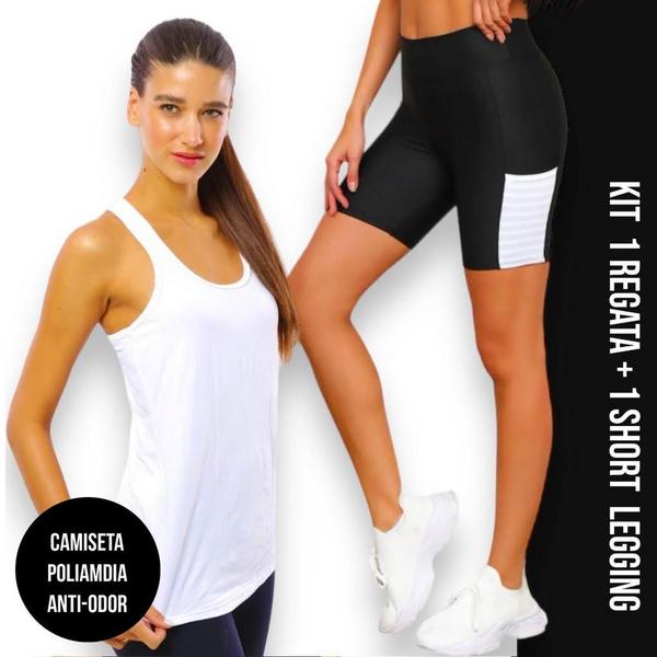 Imagem de Camiseta Regata Dry Fit MALHA FRIA POLIAMIDA + Short Leg Legging COM BOLSOS Conjunto Fitness 552