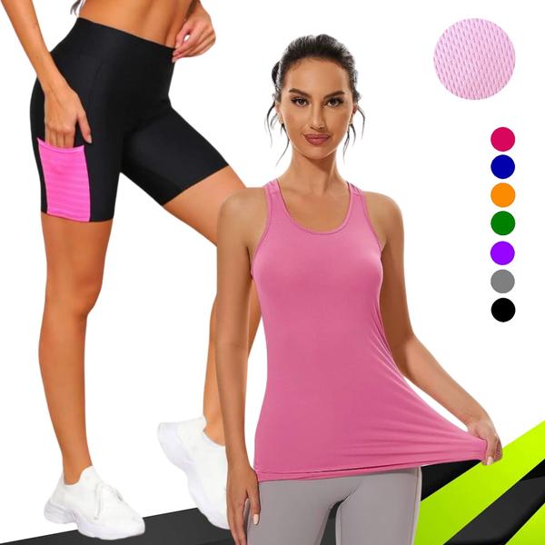 Imagem de Camiseta REGATA DRY FIT Tecido Furadinho + SHORT LEG Legging COM BOLSOS Conjunto Fitness 634