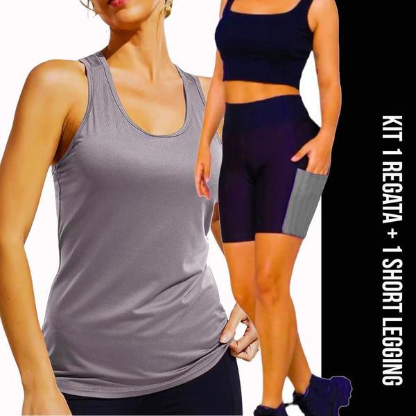 Imagem de Camiseta REGATA DRY FIT Tecido Furadinho + Short Leg Legging COM BOLSOS Conjunto Fitness 634