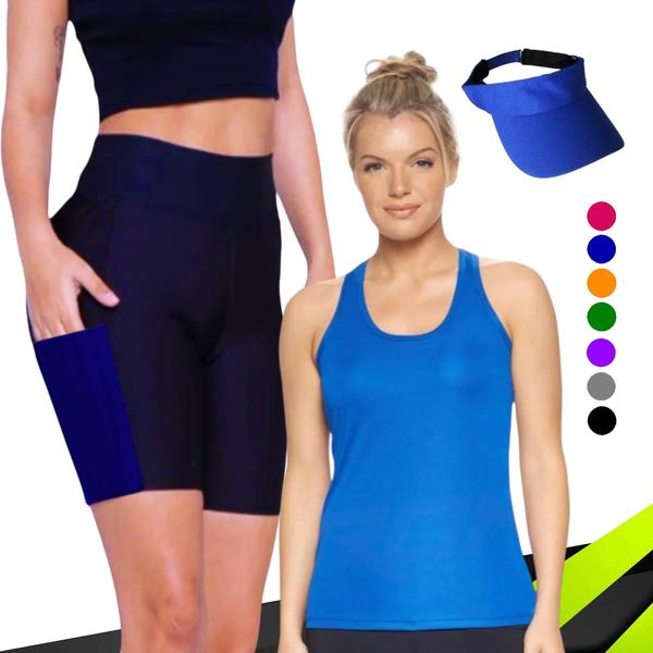 Imagem de Camiseta REGATA DRY Tecido Furadinho + SHORT Legging COM BOLSOS + VISEIRA DRY Conjunto Fitness 1004