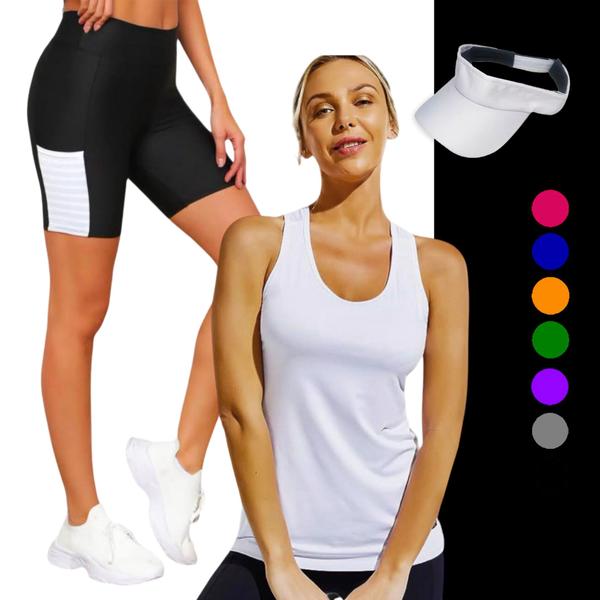 Imagem de Camiseta REGATA DRY Tecido Furadinho + SHORT Legging COM BOLSOS + VISEIRA DRY Conjunto Fitness 1004