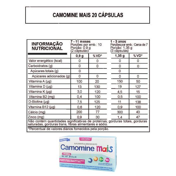 Imagem de Camomine Mais Suplemento Para Lactentes Crianças Vitaminas B2 B7 B12 e K 20caps Arte Nativa