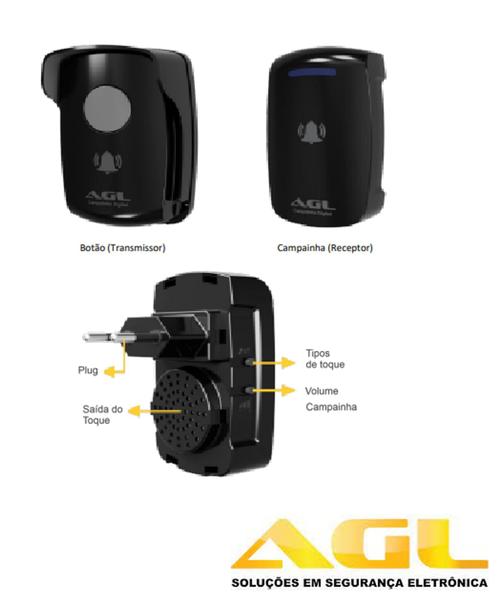 Imagem de Campainha Sem Fio Agl Touch Wifi Cor Preto 50Mts Alcance (2841)