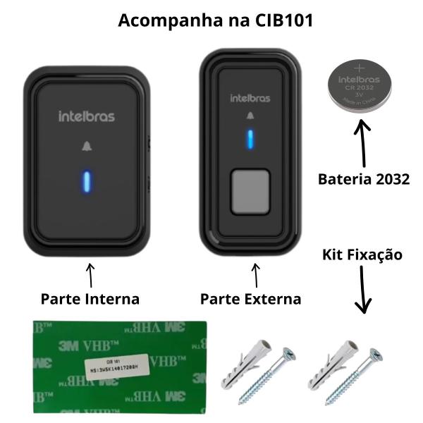 Imagem de Campainha sem Fio Com Bateria Sem Fio Cib 101 Preta Alcance ate 100Mts 4 Externas Intelbras Preto