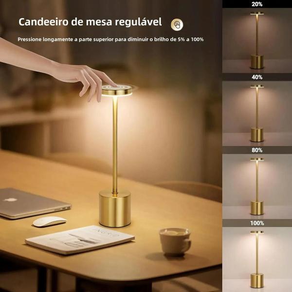 Imagem de Candeeiro de Mesa LED Recarregável com Toque - 3 Cores - Luz Ambiente para Cabeceira