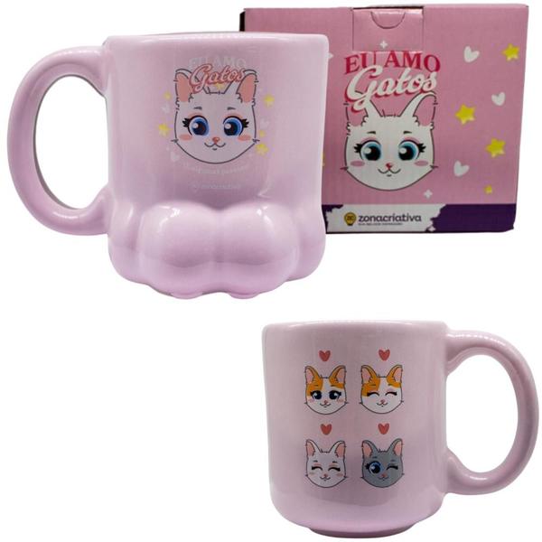 Imagem de Caneca 3D Pata Gata Gatinhos Eu Amo Gatos Porcelana Rosa 350ml