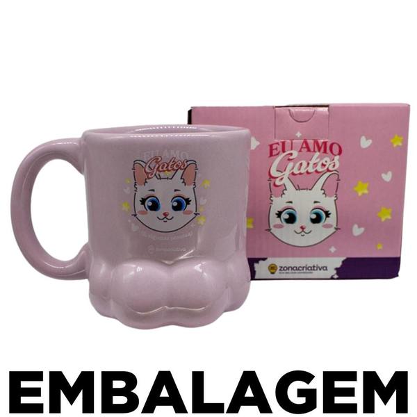 Imagem de Caneca 3D Pata Gata Gatinhos Eu Amo Gatos Porcelana Rosa 350ml