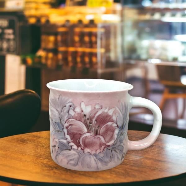 Imagem de Caneca Ágata Café com Leite Chá de Porcelana 200 ml Colorida e Pintada à Mão AZALEIA ROSA/ ROSA BRANCO