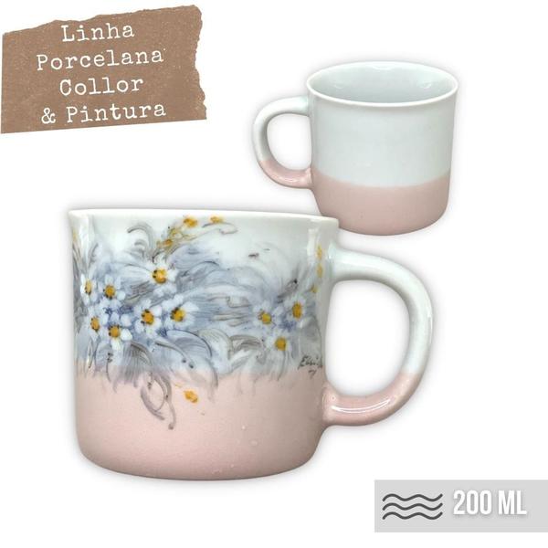 Imagem de Caneca Ágata Café com Leite Chá de Porcelana 200 ml Colorida e Pintada à Mão MIOSÓTIS BRANCA/ ROSA BRANCO