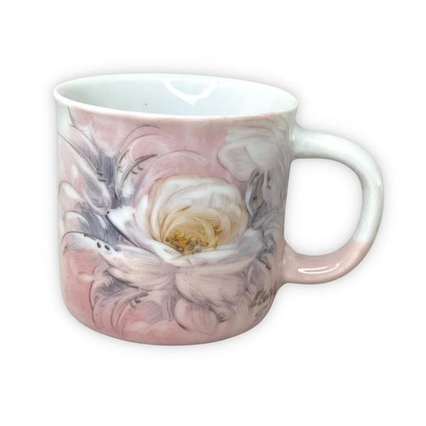 Imagem de Caneca Ágata Café com Leite Chá de Porcelana 200 ml Colorida e Pintada à Mão ROSA BRANCA/ ROSA BRANCO