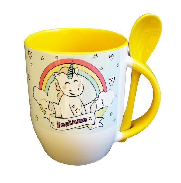 Imagem de Caneca Amarela com Colher Personalizado - Unicórnio Feliz