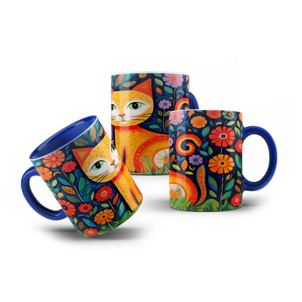 Imagem de Caneca Aquarela Gato Azul Mosaíco Arte Brasileira 325mL