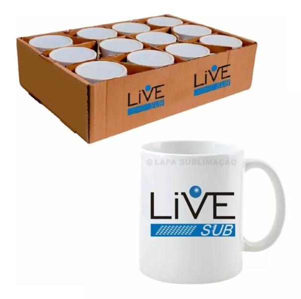 Caneca Branca Live + Caixinhas P Sublimação 325ml - 5 Unidades. Imagem de Caneca Branca Live + Caixinhas P Sublimação 325ml - 5 Unidades.