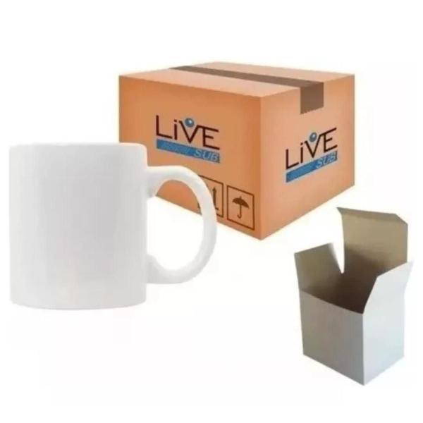 Caneca Branca Live + Caixinhas P Sublimação 325ml - 5 Unidades. Imagem de Caneca Branca Live + Caixinhas P Sublimação 325ml - 5 Unidades.