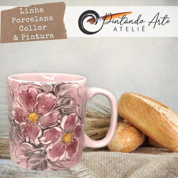 Imagem de Caneca Café com Leite Chá Reta de Porcelana 230 ml Colorida e Pintada à Mão AZALEIA SILVESTRE ROSA / ROSA