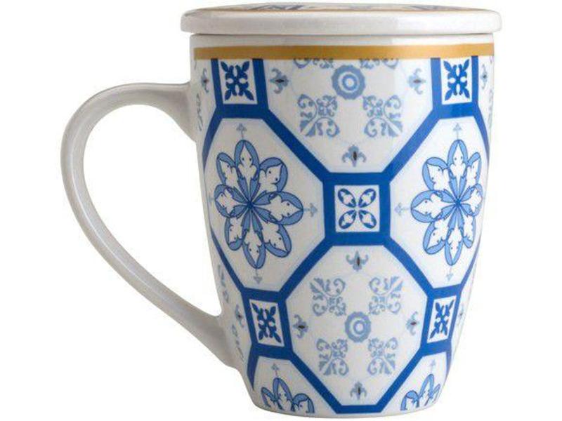 Imagem de Caneca Chá e Café com Tampa e Filtro Porcelana - Azul e Branca 310ml Lyor Super White Braga