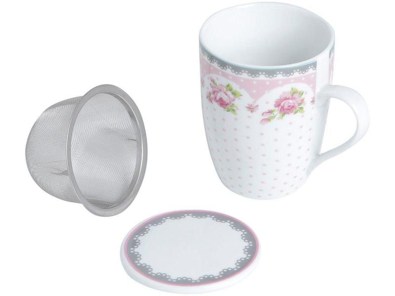 Imagem de Caneca Chá e Café com Tampa e Filtro Porcelana - Rosa e Branca 310ml Lyor Super White Rose