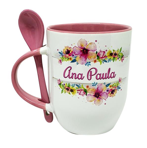 Imagem de Caneca Colher Rosa Personalizada Floral Irmã, Mamãe, Vovó