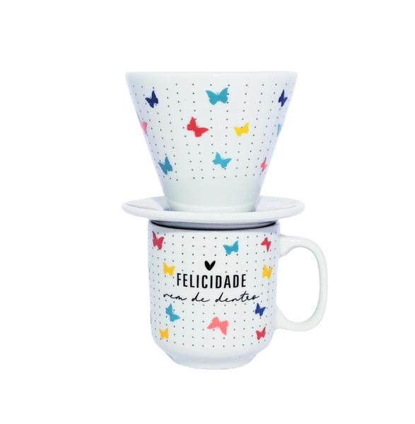 Imagem de Caneca com coador em porcelana decoração borboletas xícaras presente