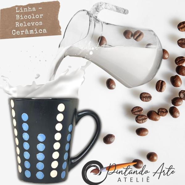 Imagem de Caneca Cônica Chá Café Chocolate Quente de Cerâmica 260 ml Rústica Bicolor Baixo Relevo PETIT POA AZUL BRANCO PRETO