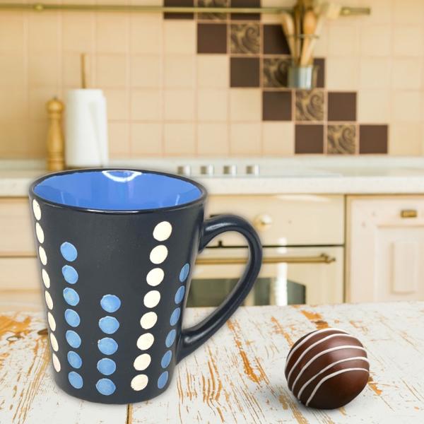 Imagem de Caneca Cônica Chá Café Chocolate Quente de Cerâmica 260 ml Rústica Bicolor Baixo Relevo PETIT POA AZUL BRANCO PRETO