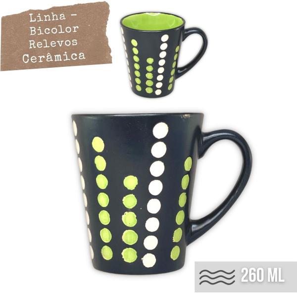 Imagem de Caneca Cônica Chá Café Chocolate Quente de Cerâmica 260 ml Rústica Bicolor Baixo Relevo PETIT POA VERDE BRANCO PRETO