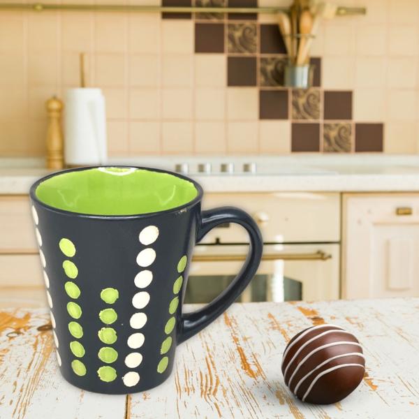 Imagem de Caneca Cônica Chá Café Chocolate Quente de Cerâmica 260 ml Rústica Bicolor Baixo Relevo PETIT POA VERDE BRANCO PRETO