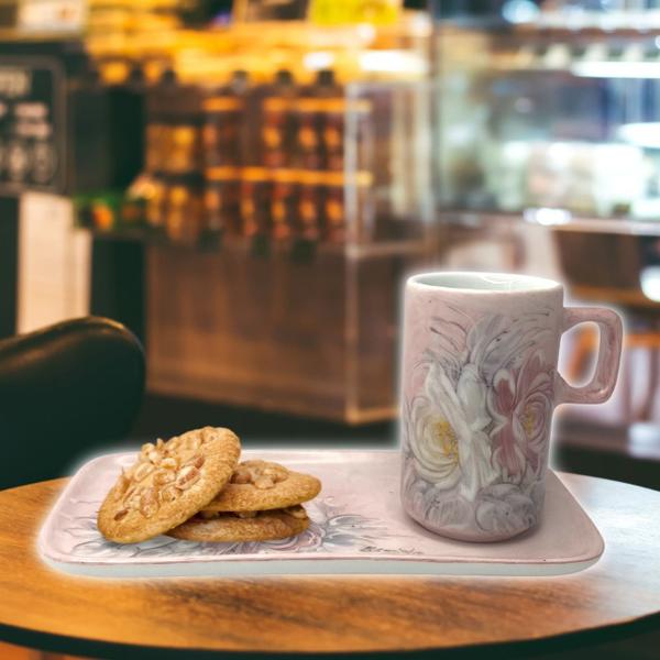 Imagem de Caneca de Café 100 ml Xícara com Bandeja de Lanche Porcelana Retangular Pintada à Mão ROSAS BRANCA ROSA - ROSA