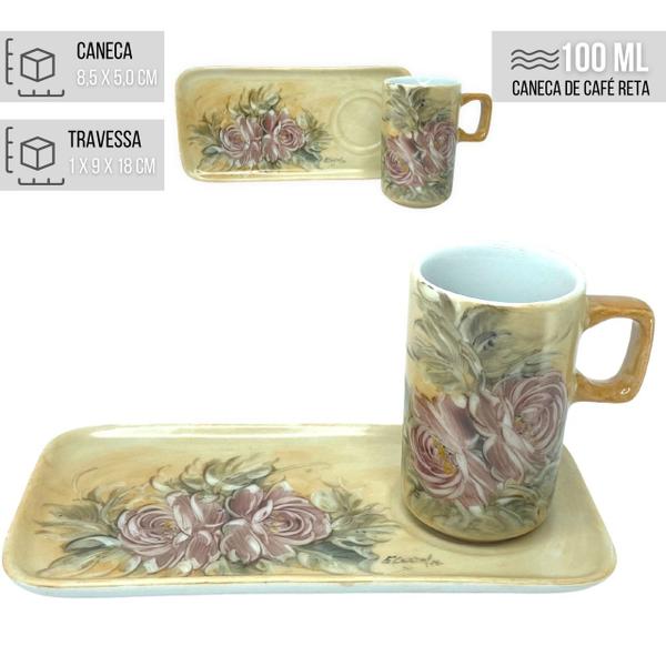 Imagem de Caneca de Café 100 ml Xícara com Bandeja de Lanche Porcelana Retangular Pintada à Mão ROSAS ROSA - CARAMELO