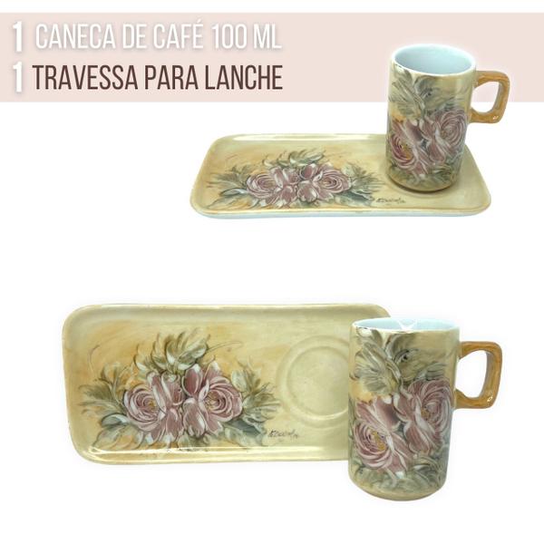 Imagem de Caneca de Café 100 ml Xícara com Bandeja de Lanche Porcelana Retangular Pintada à Mão ROSAS ROSA - CARAMELO