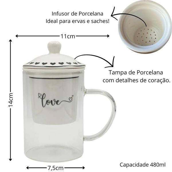 Imagem de Caneca de Chá de Vidro com Infusor e Tampa de Porcelana 480ml